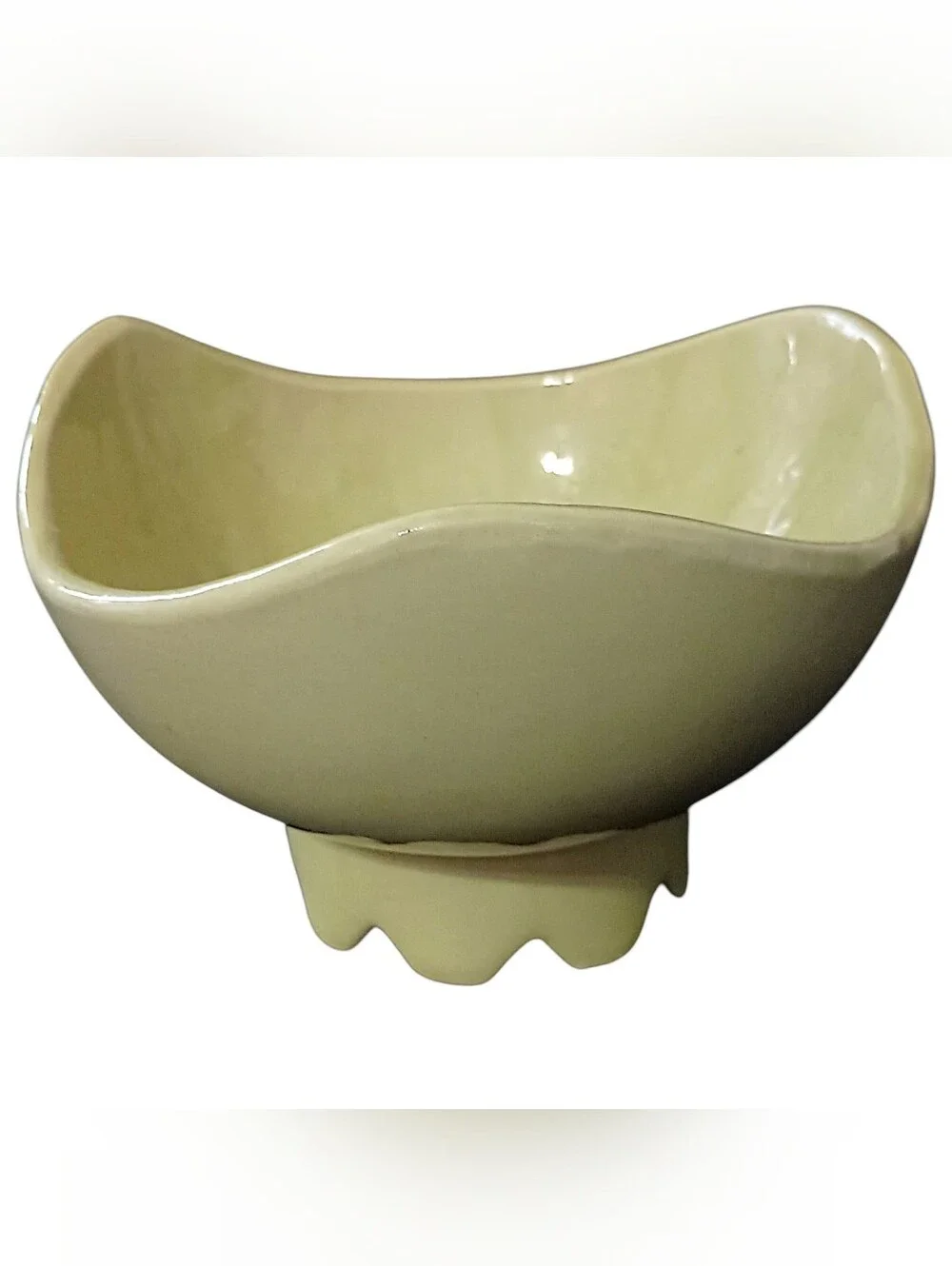 Vtg USA Pottery Planter Vase Bowl Pedestal Ikebana MCM Asymmetrical Chartreuse